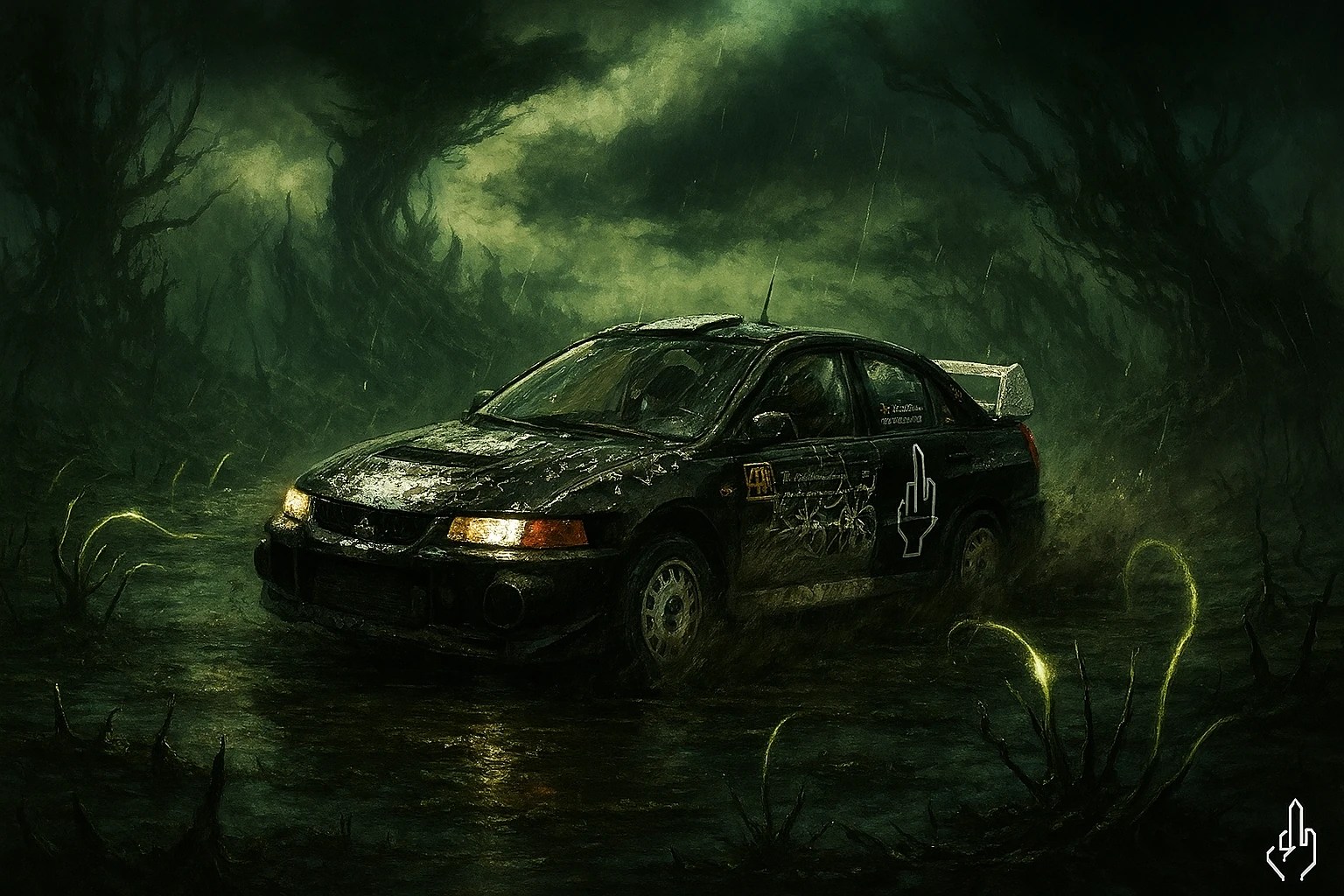 Voiture de rallye noire abîmée, bloquée dans un marécage sous un ciel orageux, décorée de graffitis et du logo Thröl Haartkor en autocollant.