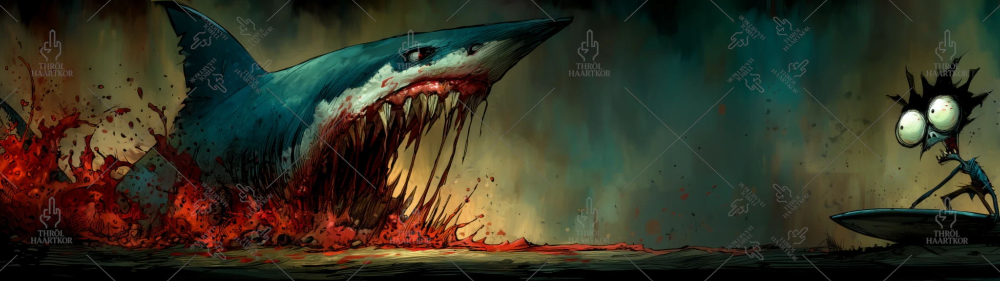 Last Wave - 32:9 - A shark is about to devour a surfer in a sea full of blood