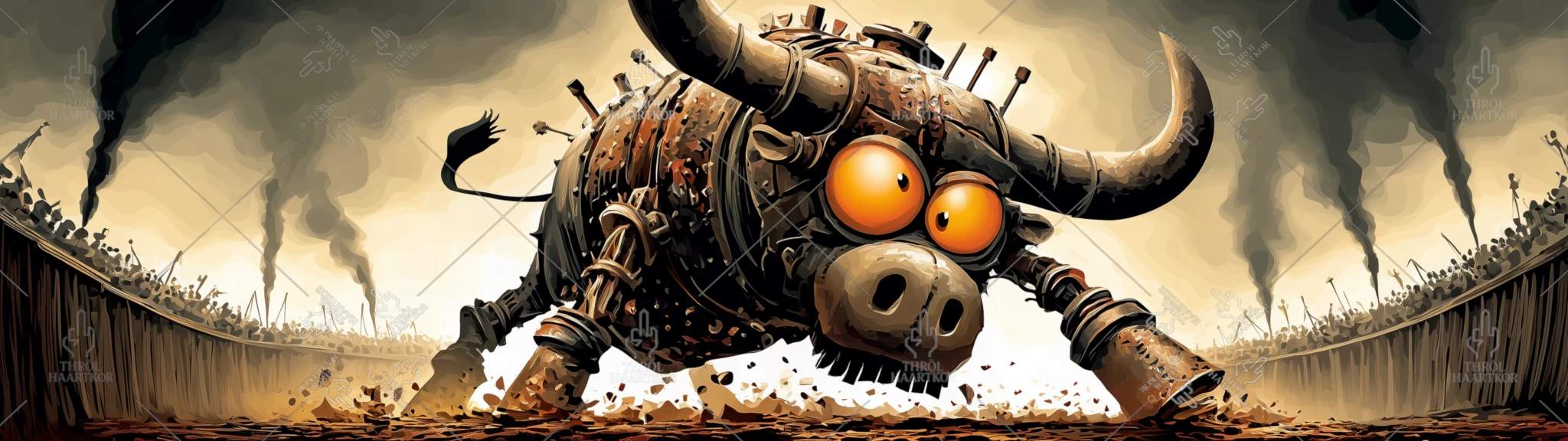 Mechanical Cretin - 32:9 - A bull in a bullfight, looking completely idiotic, charges into an arena