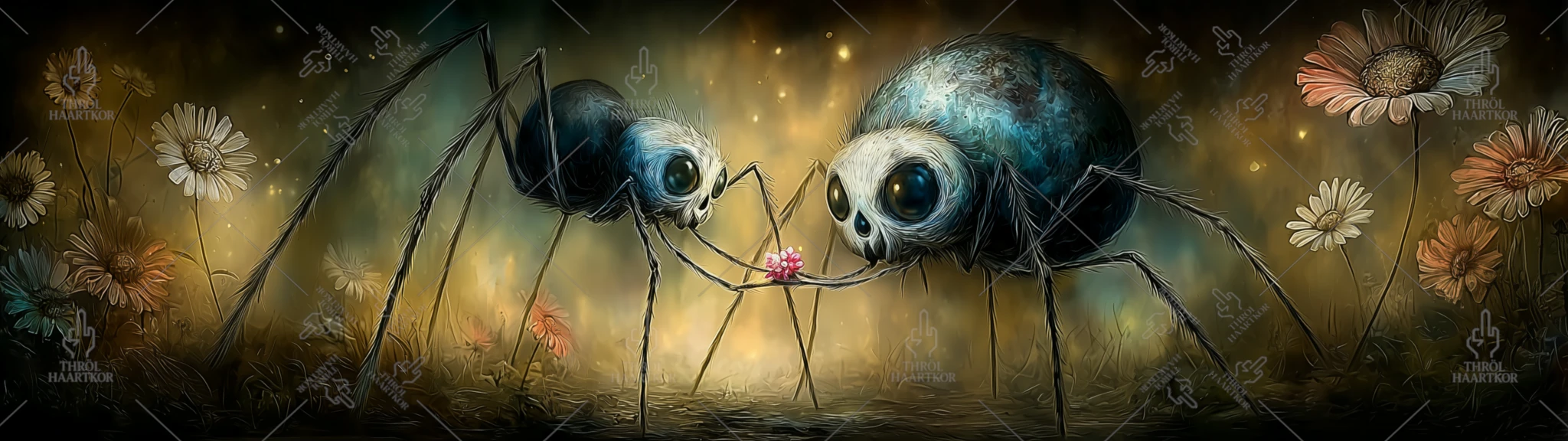 Miniature Romanticism - 32:9 - A small spider offers a bouquet of flowers to a larger spider.