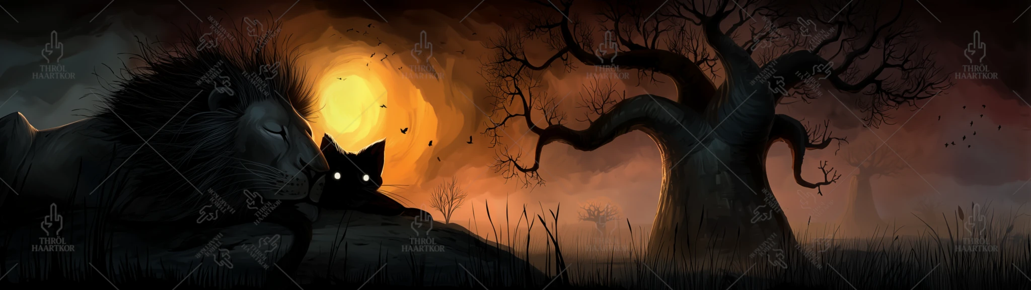 Pact of Vigilance Between Fangs and Mustaches - 32:9 - A cat and a lion protect each other during their nap.