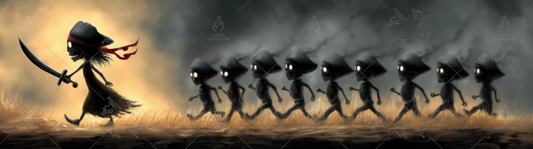 Captain Krapounette and her crew - 32:9 - The little pirate captain Krapounette leads her crew of undead towards the treasure