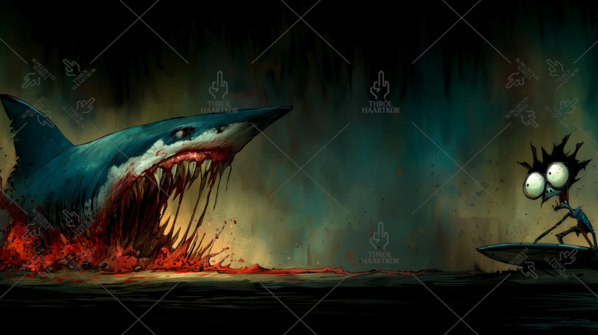 Last Wave - 16:9 - A shark is about to devour a surfer in a sea full of blood