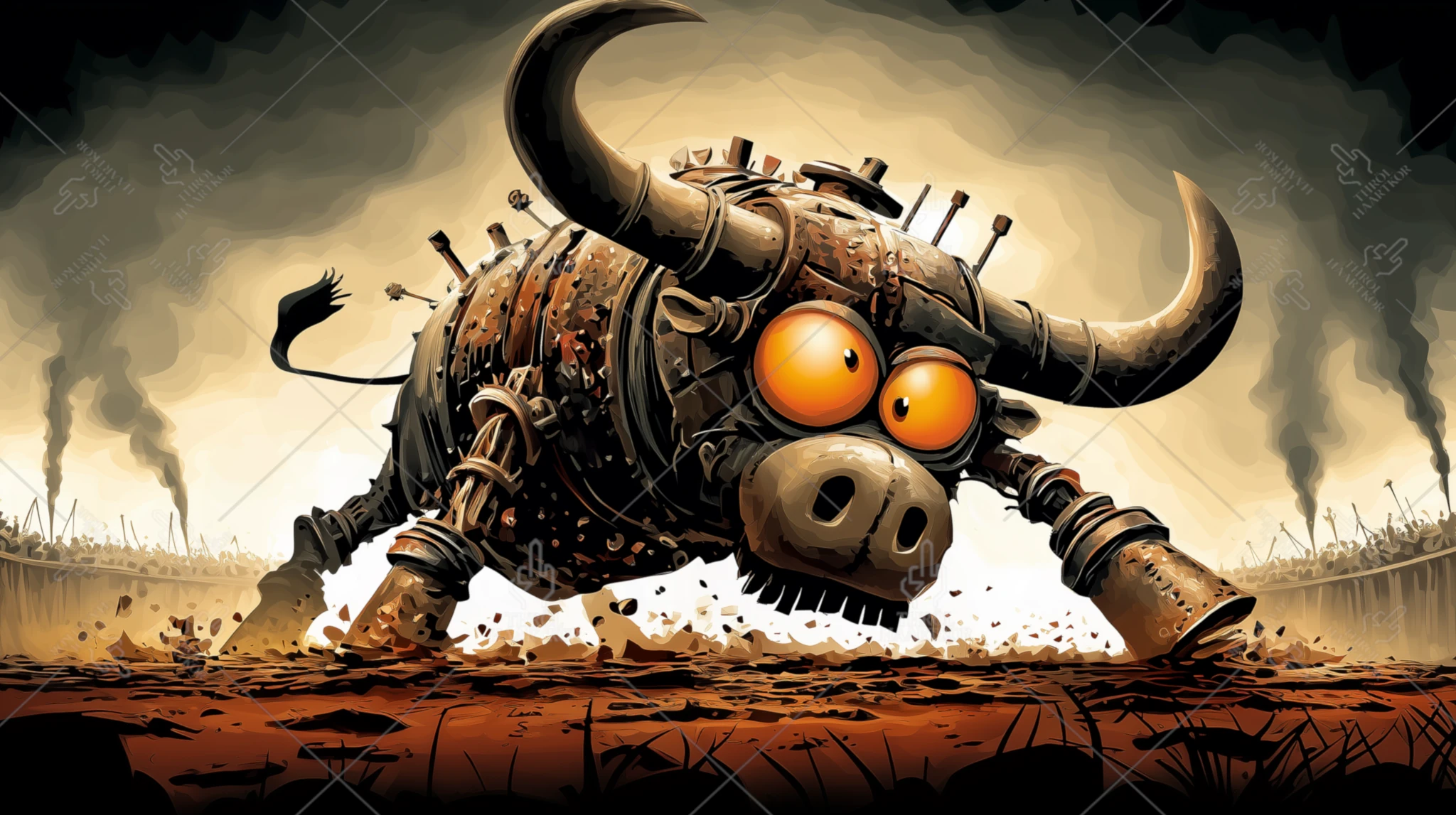 Mechanical Cretin - 16:9 - A bull in a bullfight, looking completely idiotic, charges into an arena