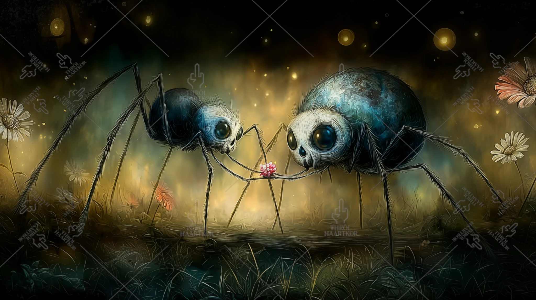 Miniature Romanticism 16:9 - A small spider offers a bouquet of flowers to a larger spider.