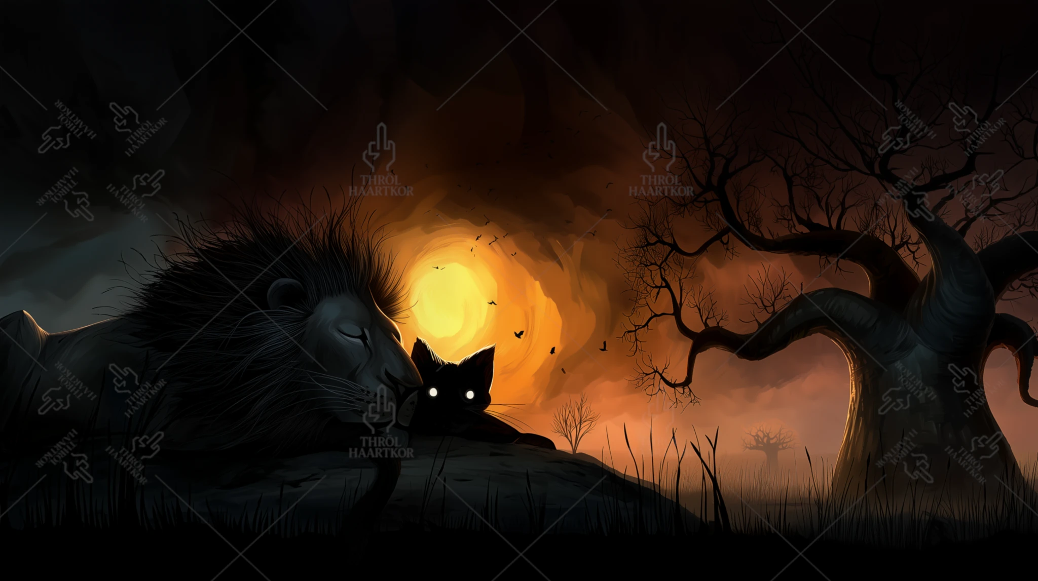 Pact of Vigilance Between Fangs and Mustaches - 16:9 - A cat and a lion protect each other during their nap.