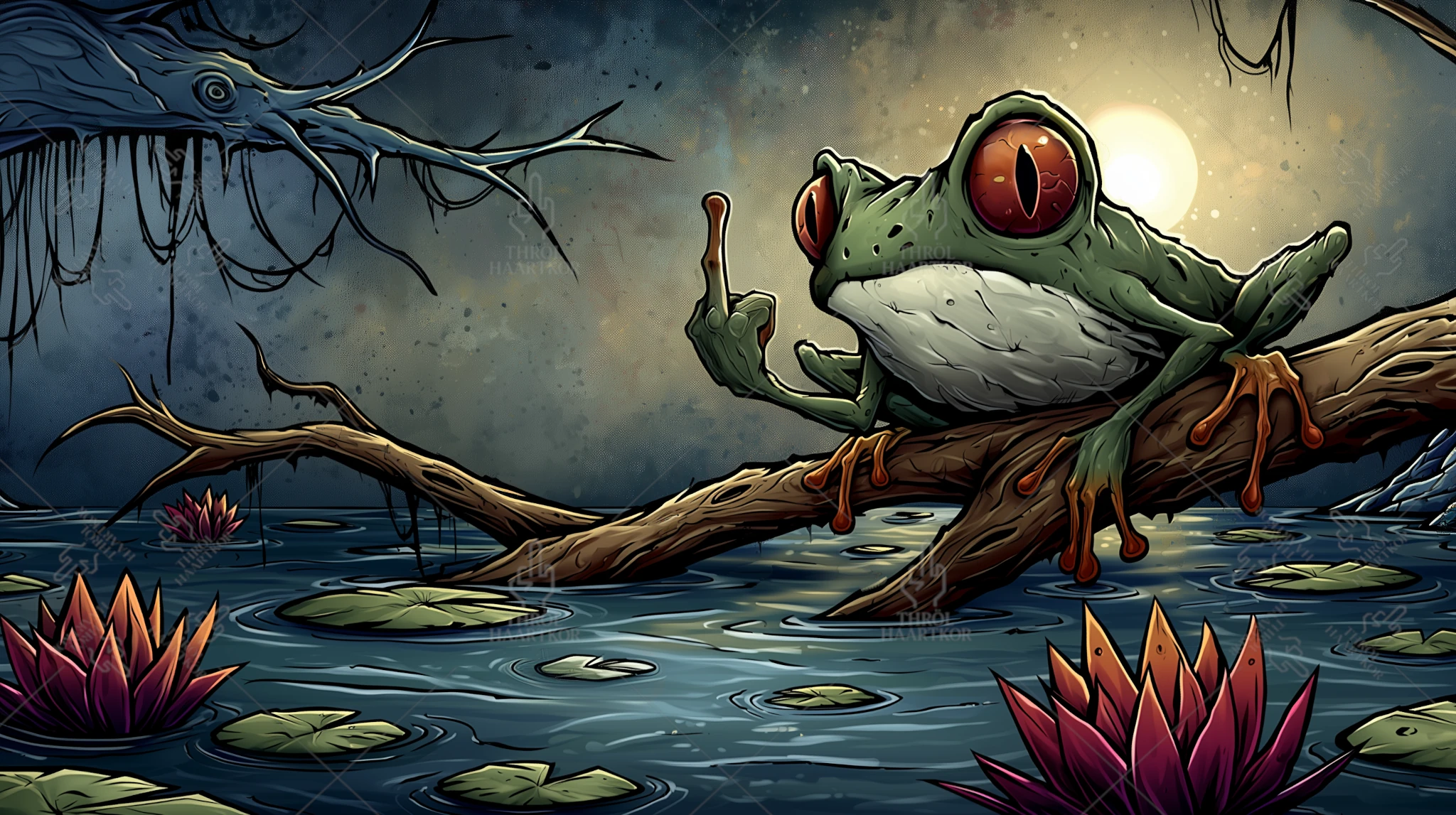 Bugged Water Lilies - 16:9 - The water lilies are bugged, but the frog says fuck you.