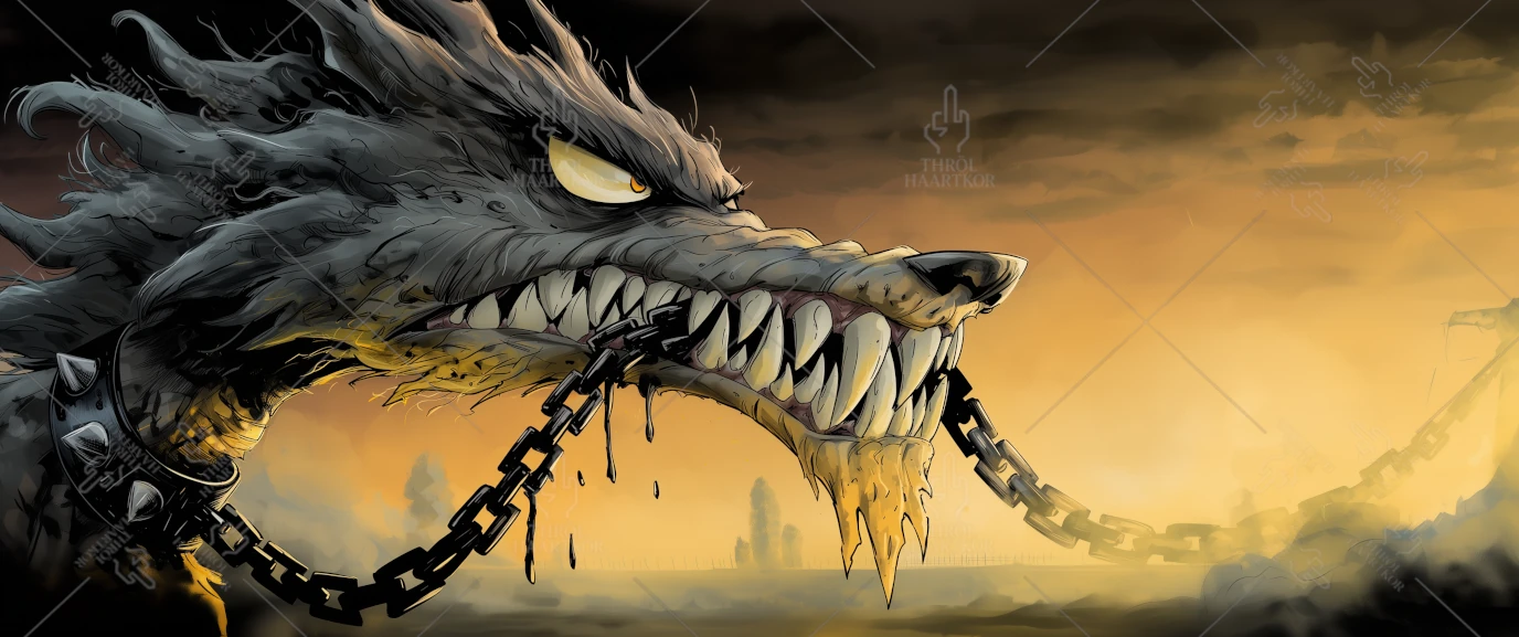 Break Your Chains - 21:9 - A wolf trying to break its chains.