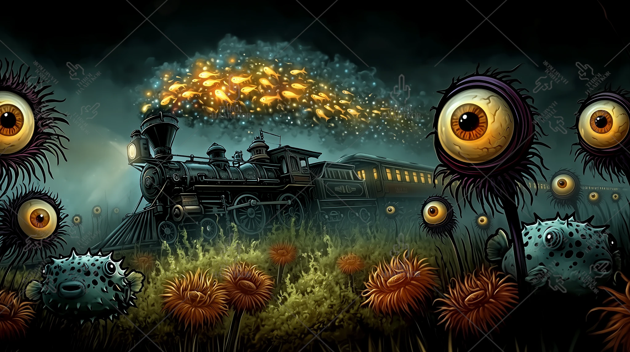 Wet Dream - 16:9 - A train running underwater through a strange landscape.