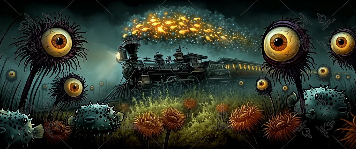 Wet Dream - 21:9 - A train running underwater through a strange landscape.